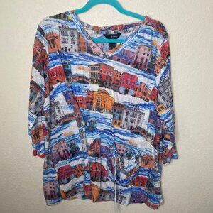 Ali Miles Tunic Top Womens 1X Cityscape V-Neck Casual Pockets 3/4 Sleeves Plus S